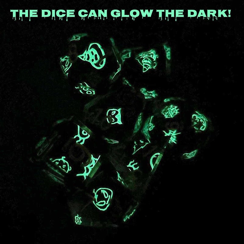 Haxtec Sticker Sharp Edge Dice Halloween Dice Resin DND Dice Set 7PCS Glow in The Dark Polyhedral D&D Dice for Compatible with Dungeons and Dragons - Image 3